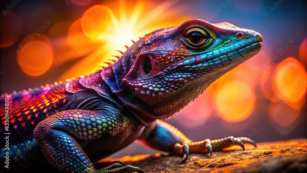 Obraz premium Dark, iridescent scales glisten in the sunlight, revealing a mesmerizing dance of black and red hues on the reptile's body