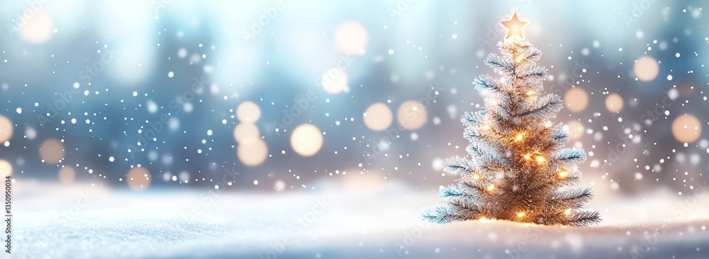 Naklejka premium Glowing Christmas Tree with Star in Snowfall Background for Holiday Season