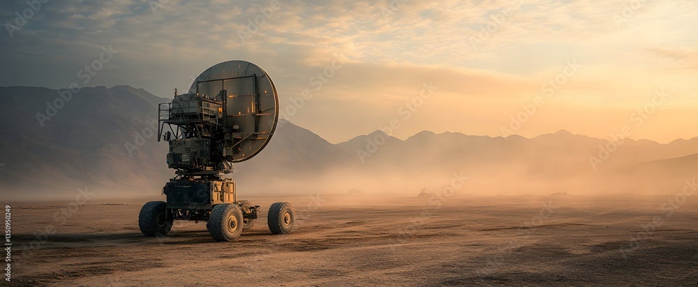 A military mobile radar system stands alone on a dusty desert plain at sunrise, mountains hazy in the distance. A military mobile radar system stands alone on a dusty desert plain at sunrise, mountains hazy in the distance.
