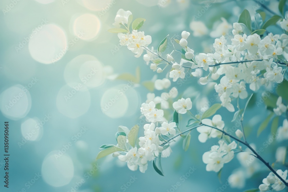 Fototapeta premium Close up of a blooming branch with white flowers against a bokeh filled blue background