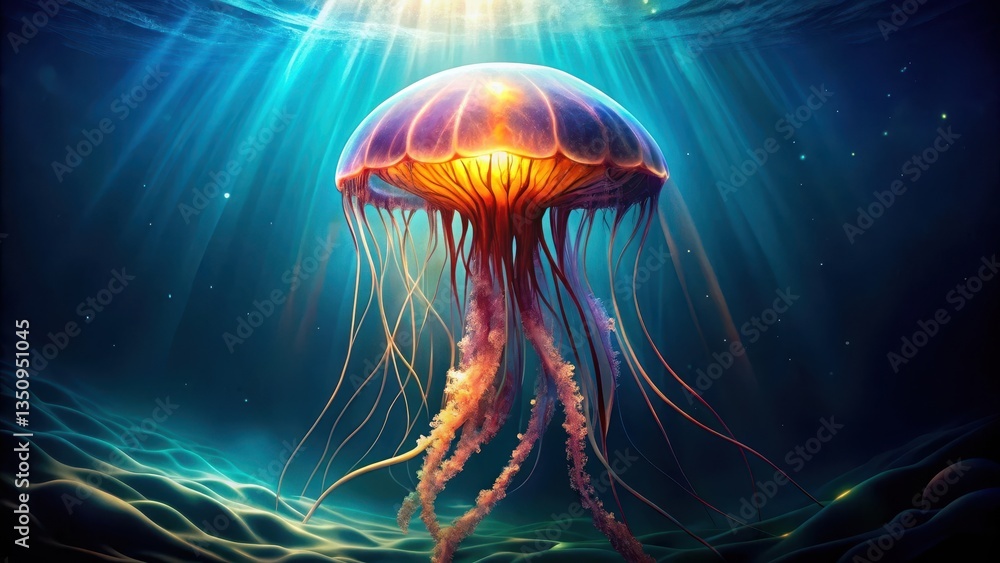 Fototapeta premium An ethereal jellyfish, illuminated by sunbeams penetrating the deep ocean, gracefully floats amidst undulating seabed.