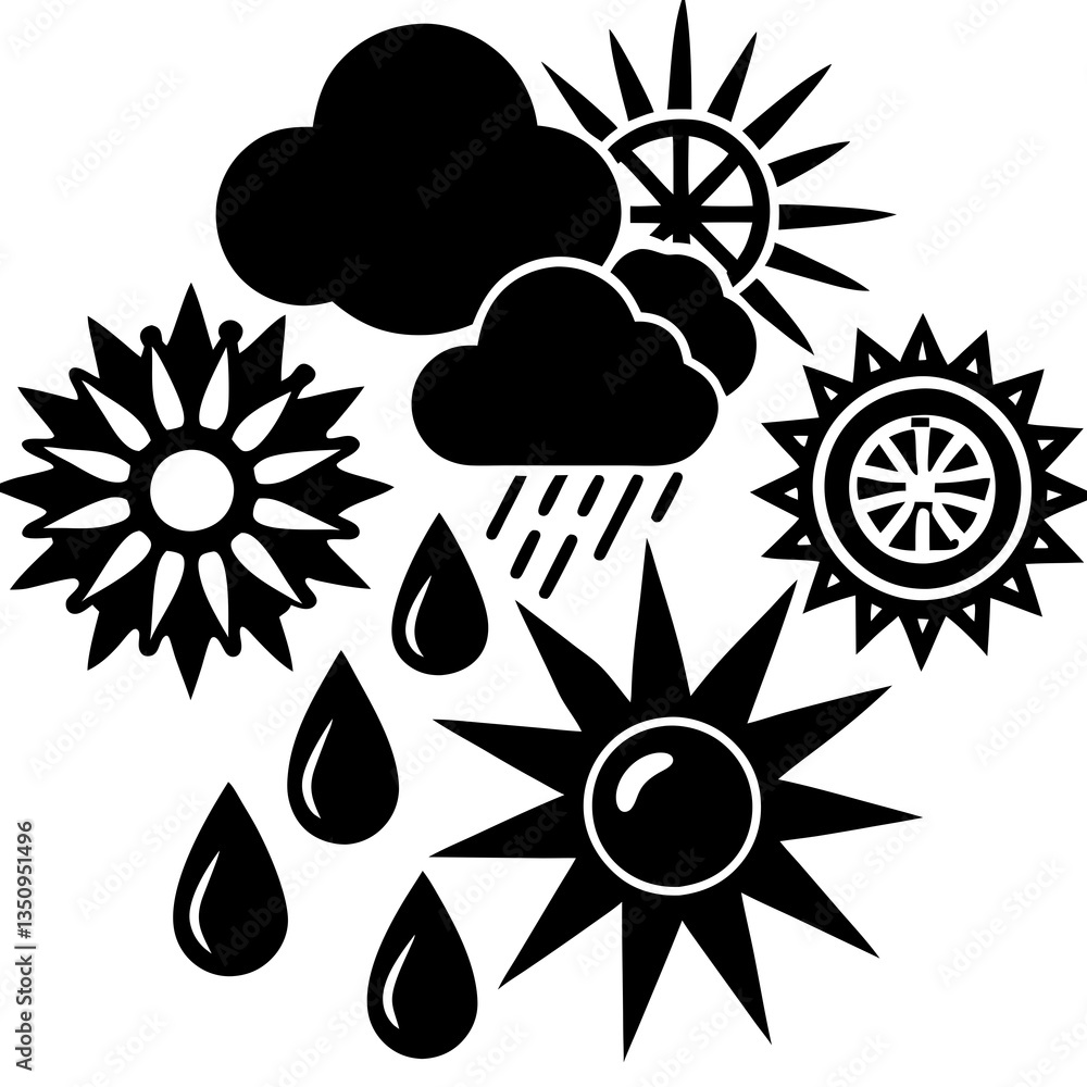 Weather Symbols Vector - Sun, Cloud, Lightning Bolt, Raindrops, Snowflake Weather Symbols Vector - Sun, Cloud, Lightning Bolt, Raindrops, Snowflake