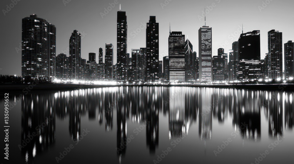 Fototapeta premium City skyline at night, reflected on water, urban scene, potential stock photo