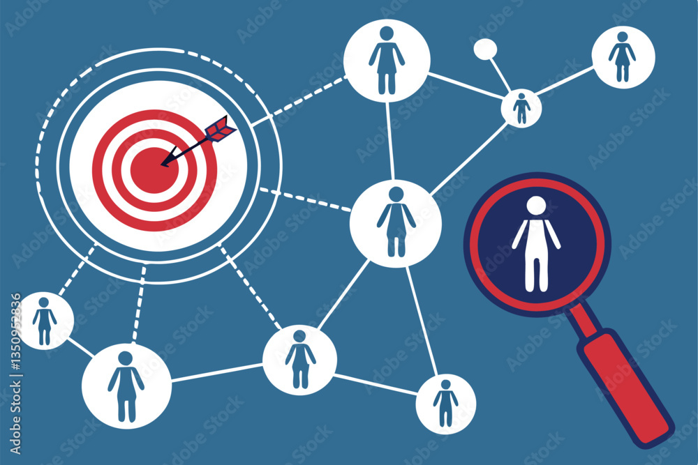 57 Network connections, user icons, circular target, magnifying glass, blue background, interconnected nodes, social media concept, precision marketing, customer targeting, digital networking, concent 57 Network connections, user icons, circular target, magnifying glass, blue background, interconnected nodes, social media concept, precision marketing, customer targeting, digital networking, concent