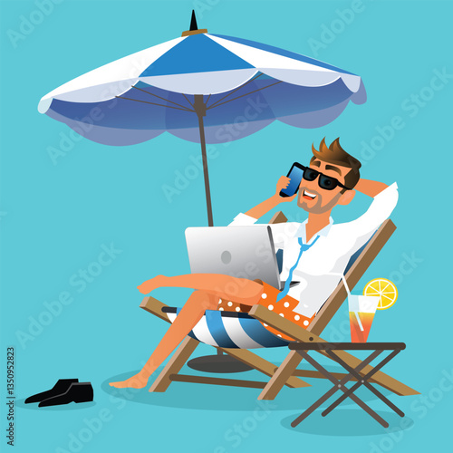 Feelancer on the beach working and rilaxing. Business Man Remote Work Place. Businessman at the beach.vector, illustration