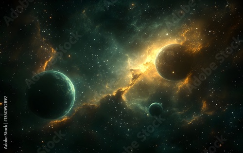 A breathtaking cosmic scene reveals two vibrant exoplanets led within a swirling nebula of gold and emerald hues amidst a star-dusted expanse.