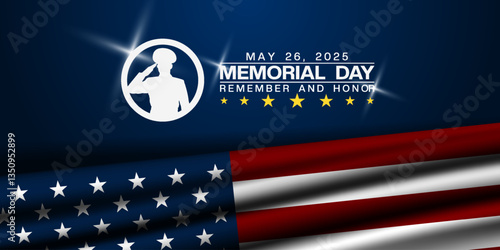 May 26, 2025 is Memorial Day. American flag and human. Great for posters, banners, social media and more. Dark blue background.