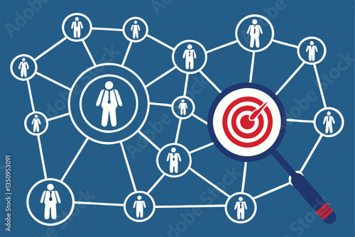 57 Network connections, user icons, circular target, magnifying glass, blue background, interconnected nodes, social media concept, precision marketing, customer targeting, digital networking, concent