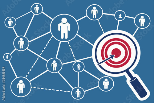 57 Network connections, user icons, circular target, magnifying glass, blue background, interconnected nodes, social media concept, precision marketing, customer targeting, digital networking, concent