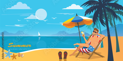 Man relaxation sitting on deck chair at tropical beach with orange juice and beautiful blue sky on holiday vacation during happy time in summer. vector