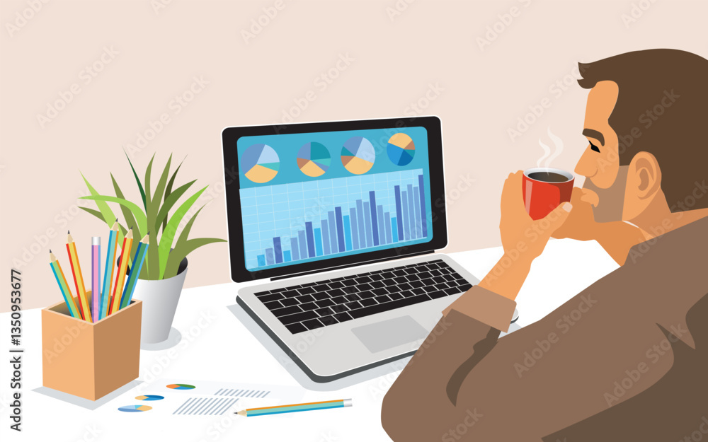 Business man holding coffee cup and Looking At business Graph On The Computers In The Office. vector Business man holding coffee cup and Looking At business Graph On The Computers In The Office. vector