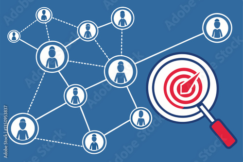 57 Network connections, user icons, circular target, magnifying glass, blue background, interconnected nodes, social media concept, precision marketing, customer targeting, digital networking, concent