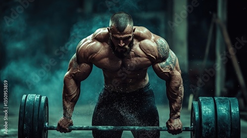 Muscular Bodybuilder Lifting Heavy Barbell in Dramatic Gym Setting