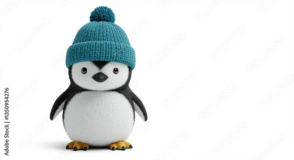 Obraz premium Adorable Penguin in Teal Knit Hat: A Charming Winter Illustration