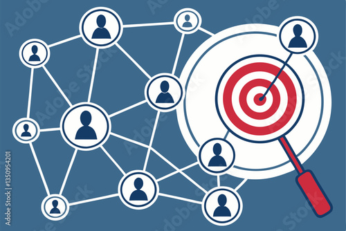 57 Network connections, user icons, circular target, magnifying glass, blue background, interconnected nodes, social media concept, precision marketing, customer targeting, digital networking, concent