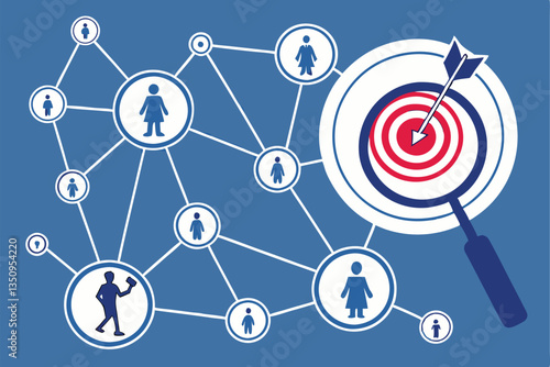 57 Network connections, user icons, circular target, magnifying glass, blue background, interconnected nodes, social media concept, precision marketing, customer targeting, digital networking, concent