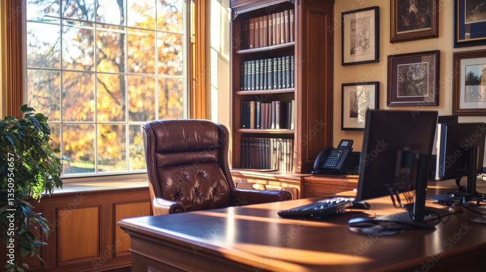 Luxurious Office Desk, Autumn View, Sunlit Interior, Professional Space Luxurious Office Desk, Autumn View, Sunlit Interior, Professional Space