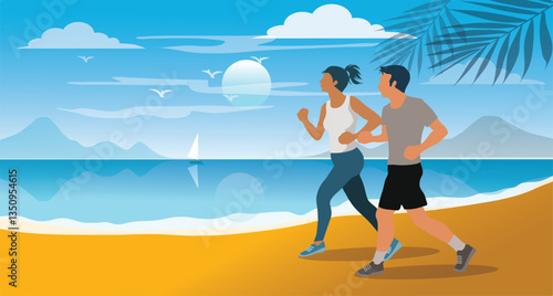 Couple  runners on the beach, Sport of people jogging at sunrise at the beach in  morning, healthy lifestyle . vector. illustration