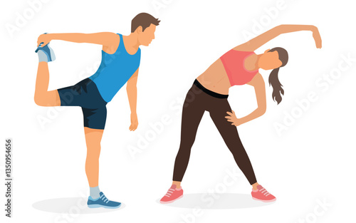 Young athletes  stretching man and woman workout , exercising at the gym. isolated on white background. vector