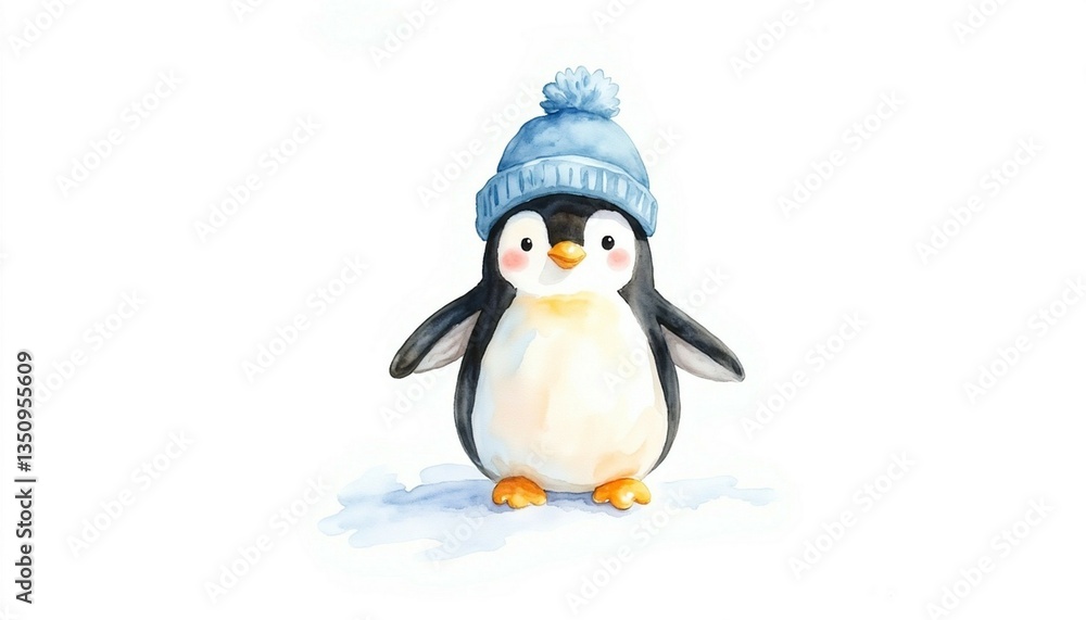 Fototapeta premium Adorable Penguin in a Blue Beanie: A Watercolor Winter Scene