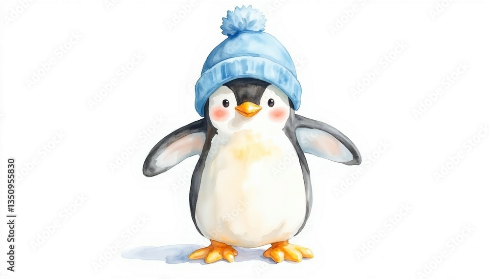 Fototapeta premium Adorable Penguin in Blue Knit Hat: Watercolor Winter Charm