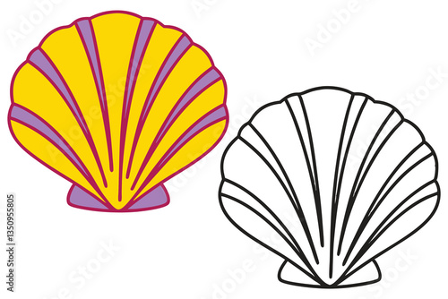 Colorful Seashell Illustration with Outline Version for Coloring A Fun Summer Beach Theme Graphic Design Element
