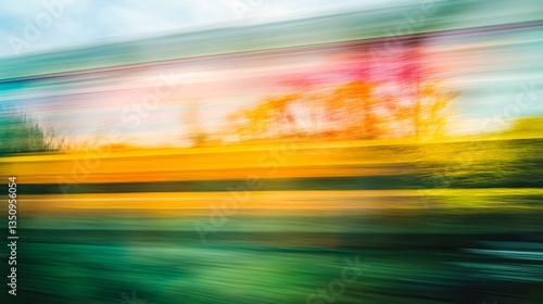 Blurred train view, autumn landscape, fast motion, travel background
