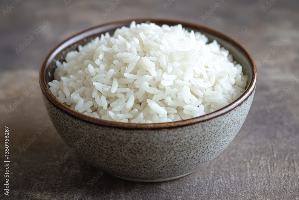 A ceramic bowl filled with fluffy cooked white rice A ceramic bowl filled with fluffy cooked white rice
