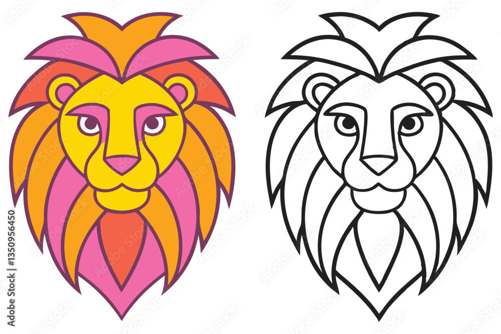 Fototapeta premium A Pair of Colorful and Line Art Lion Head Illustrations Perfect for Kids Coloring Pages and Creative Projects