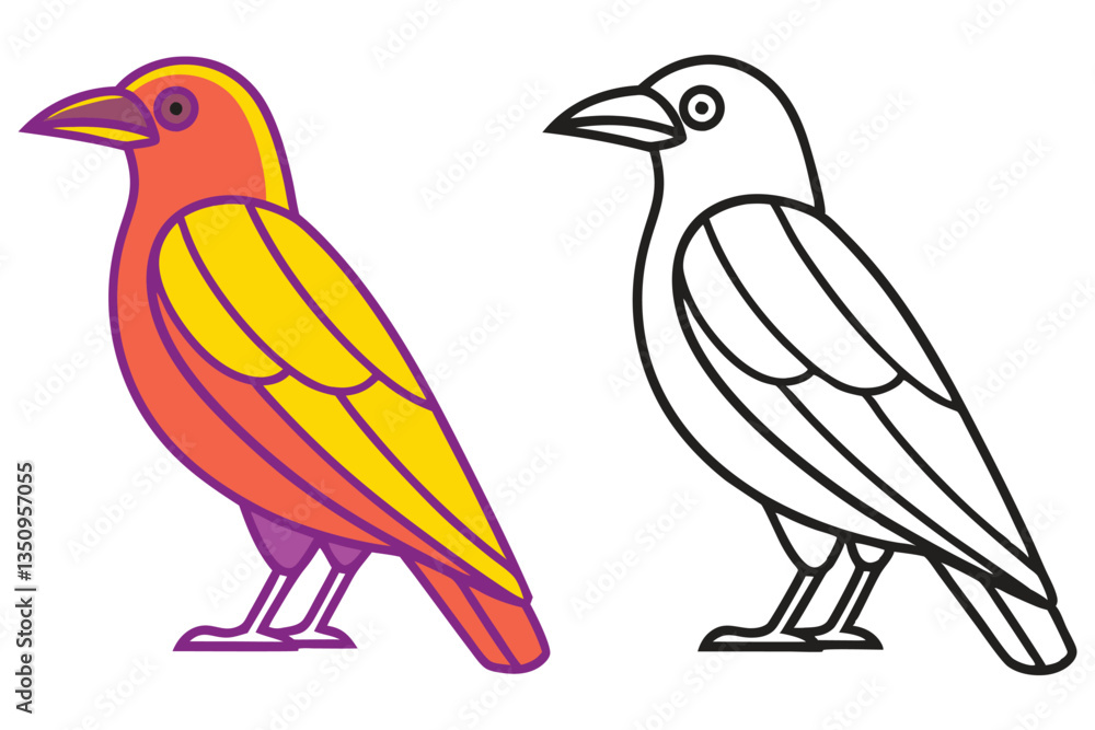 Obraz premium Colorful Bird Illustration and Line Art Drawing of a Crow or Raven