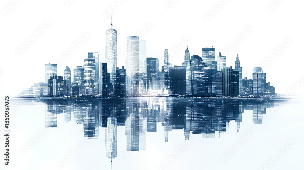 Fototapeta premium Panoramic view of Manhattan's illuminated skyline at dusk. Urban cityscape with tall buildings and waterfront, isolated on a white background. Concept of New York City