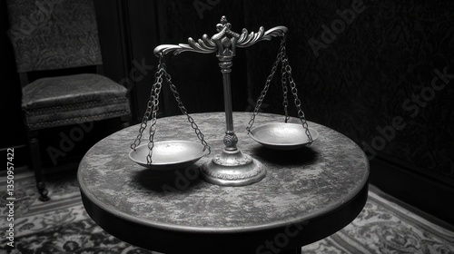 Antique Scales on Dark Table, Justice, Law, Room