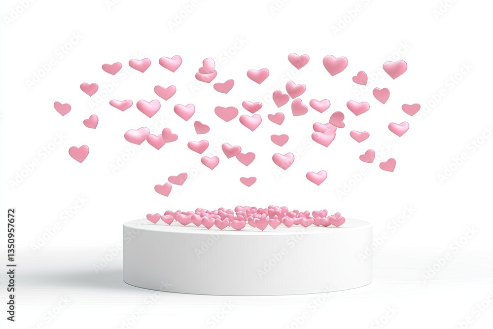 Pink hearts float above a white pedestal Pink hearts float above a white pedestal