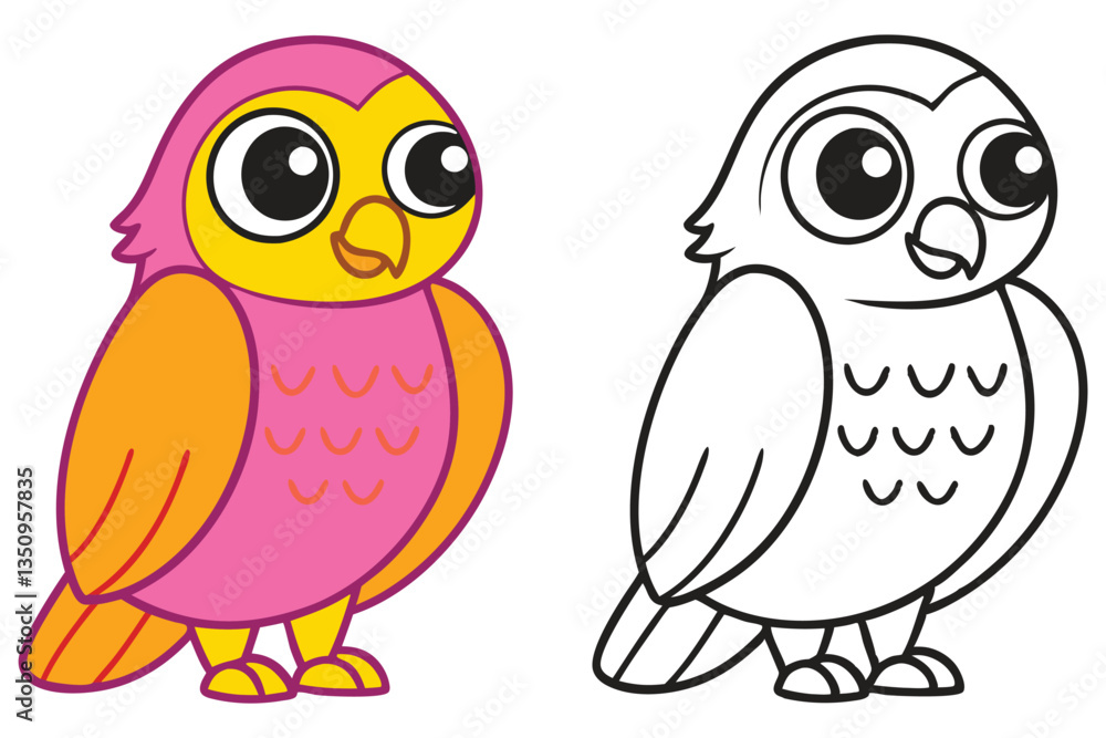 Obraz premium Adorable Cartoon Owl Illustration Color and Outline Versions for Kids Coloring Pages