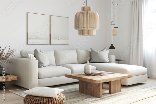 A stylish Scandinavian living room interior design with a white and light wood aesthetic, featuring a simple yet elegant beige sectional sofa, minimalist pendant lighting, and a textured wool rug
