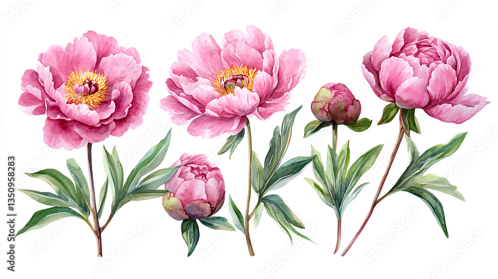 Pink roses isolated white background. Watercolor botanical illustration pink flowers, bud, green leaves. Rose branches Pink roses isolated white background. Watercolor botanical illustration pink flowers, bud, green leaves. Rose branches