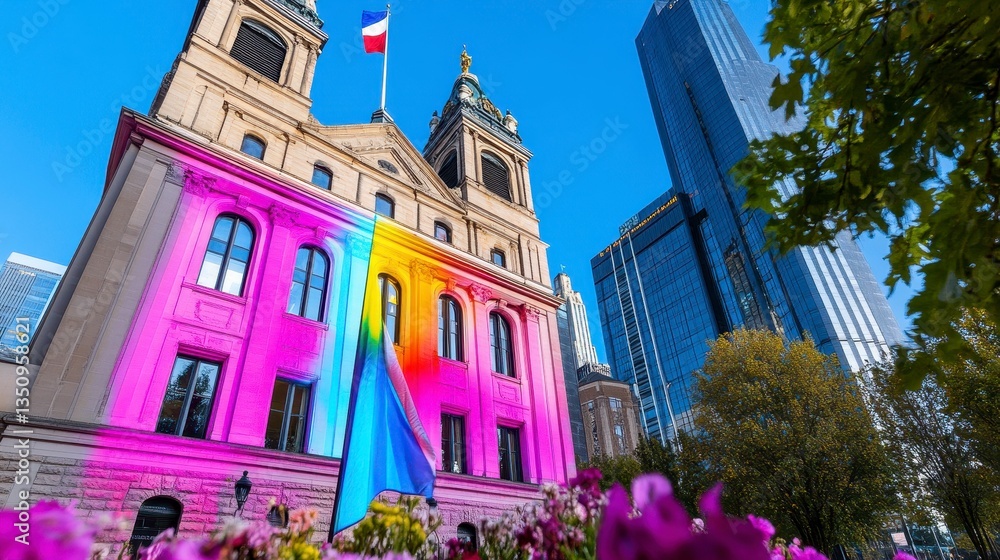 Naklejka premium Vibrant Building with Rainbow Colors and City Skyline in Daylight