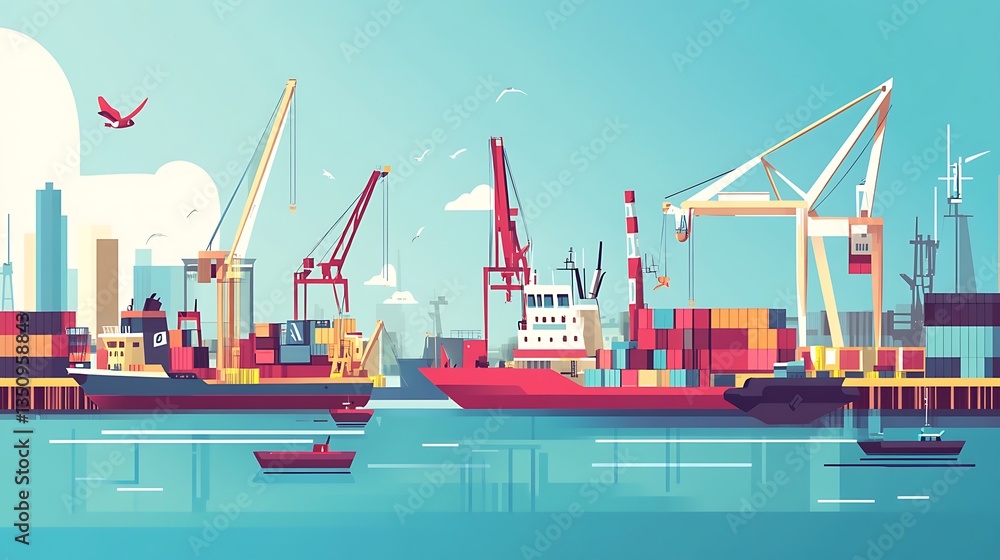 Fototapeta premium Cargo ships at busy harbor.