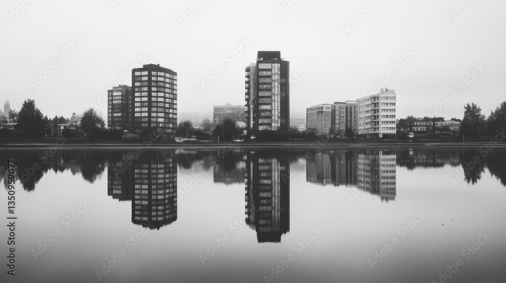 Misty city reflected in calm lake Misty city reflected in calm lake