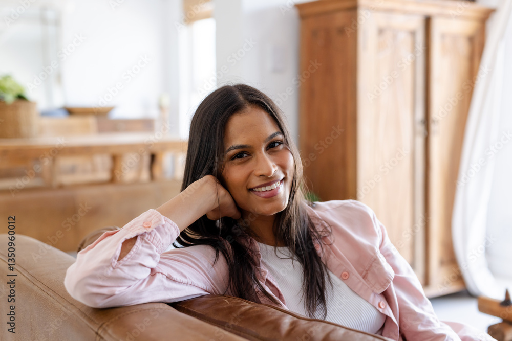 Smiling woman relaxing on couch at home, enjoying leisure time indoors Smiling woman relaxing on couch at home, enjoying leisure time indoors