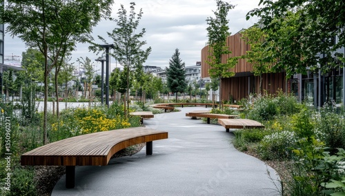 Urban park with curved benches, landscaping, and modern architecture