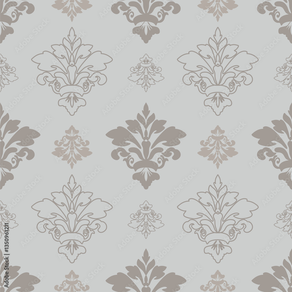 Obraz premium Damask seamless pattern with gray floral elements and gray background, vector illustration elegant for textile design, wall paper, bedding, curtains, cushion, scarf, rug, upholstery fabric, decoration