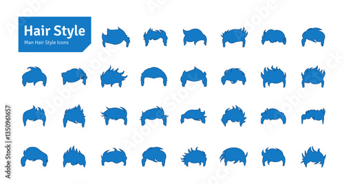 Man Hairstyles Blue Vector Set. Barbershop and Haircut Graphic Collection. Vector Set of Dress Up Constructor. Hipster Men Style Creation Kit Elements.