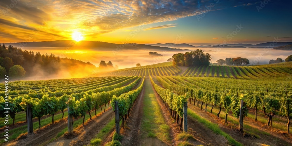 custom made wallpaper toronto digitalGolden Hour Vineyard Sunrise Rows of Verdant Vines Basking in Morning Mist and Sunlight