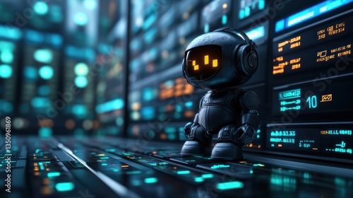 Cybernetic Sentinel: A futuristic robot stands guard amidst a data center's glowing screens, symbolizing technological advancement and digital security.