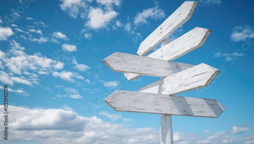 Wooden directional signs against a vibrant sky.  Multiple paths, choices, and decisions depicted