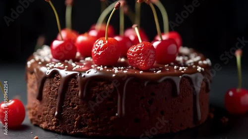 Delicious chocolate cake with shiny cherries, chocolate glaze and sprinkles on a dark background