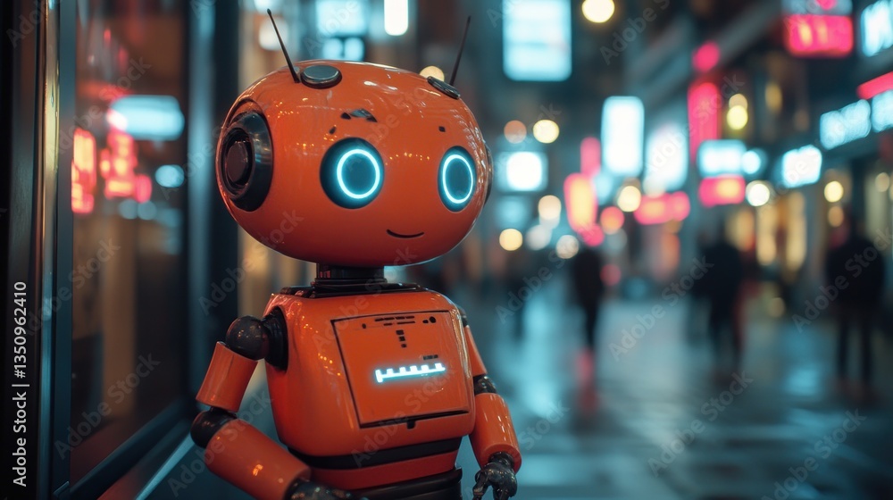 Fototapeta premium Orange Robot in the City at Night