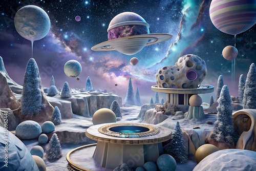 Wallpaper Mural A Surreal Space Landscape with Floating Planets and a Cosmic Nebula Torontodigital.ca