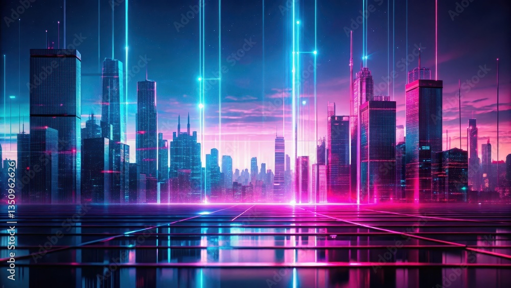 A glitchy dark background with neon pink accents and glass overlay reveals a futuristic cityscape at dusk, pink glow, night scene A glitchy dark background with neon pink accents and glass overlay reveals a futuristic cityscape at dusk, pink glow, night scene